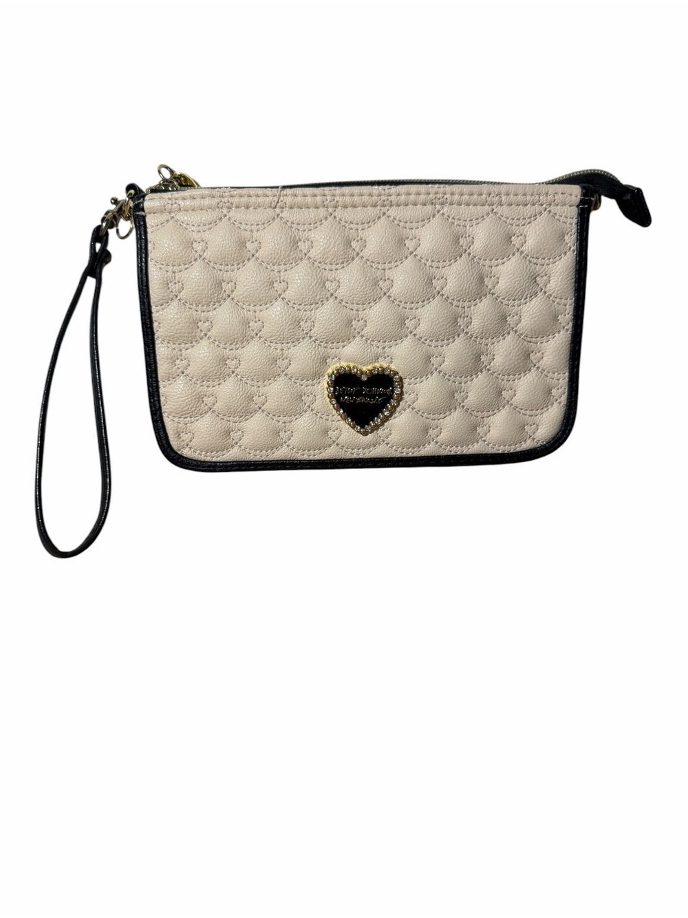 Betsey Johnson Cream Quilted Wristlet with Black Trim